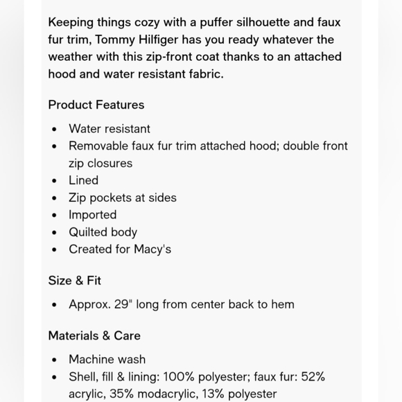 🆕NWT Tommy Hilfiger MACY'S EXCLUSIVE Faux Fur Trimmed PUFFER COAT Medium - Picture 6 of 12